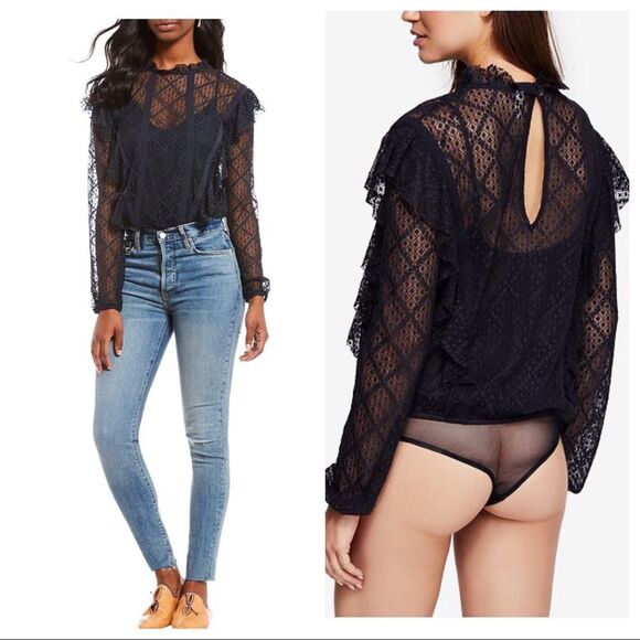 Free People Goldie Black Lace Ruffled Bodysuit XS - Picture 3 of 7